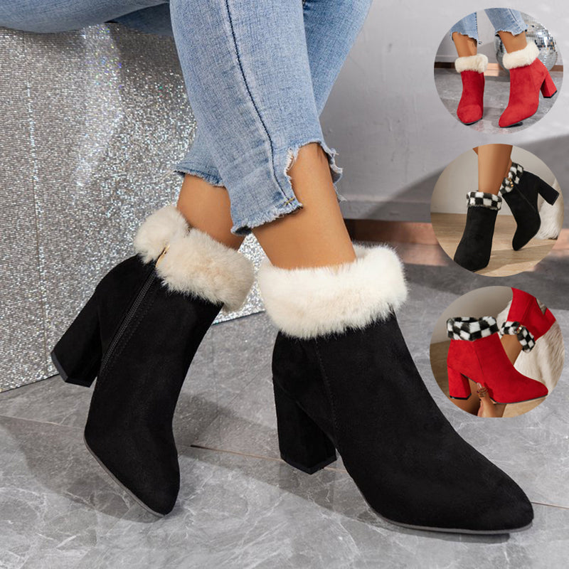 Women's Plaid Suede Ankle Boots | Square Heel Side Zipper Winter Boots