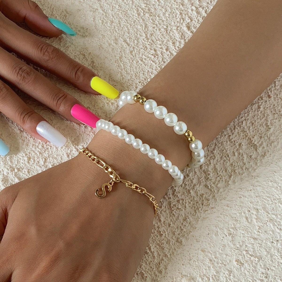 18k gold bow pearl beaded bracelet