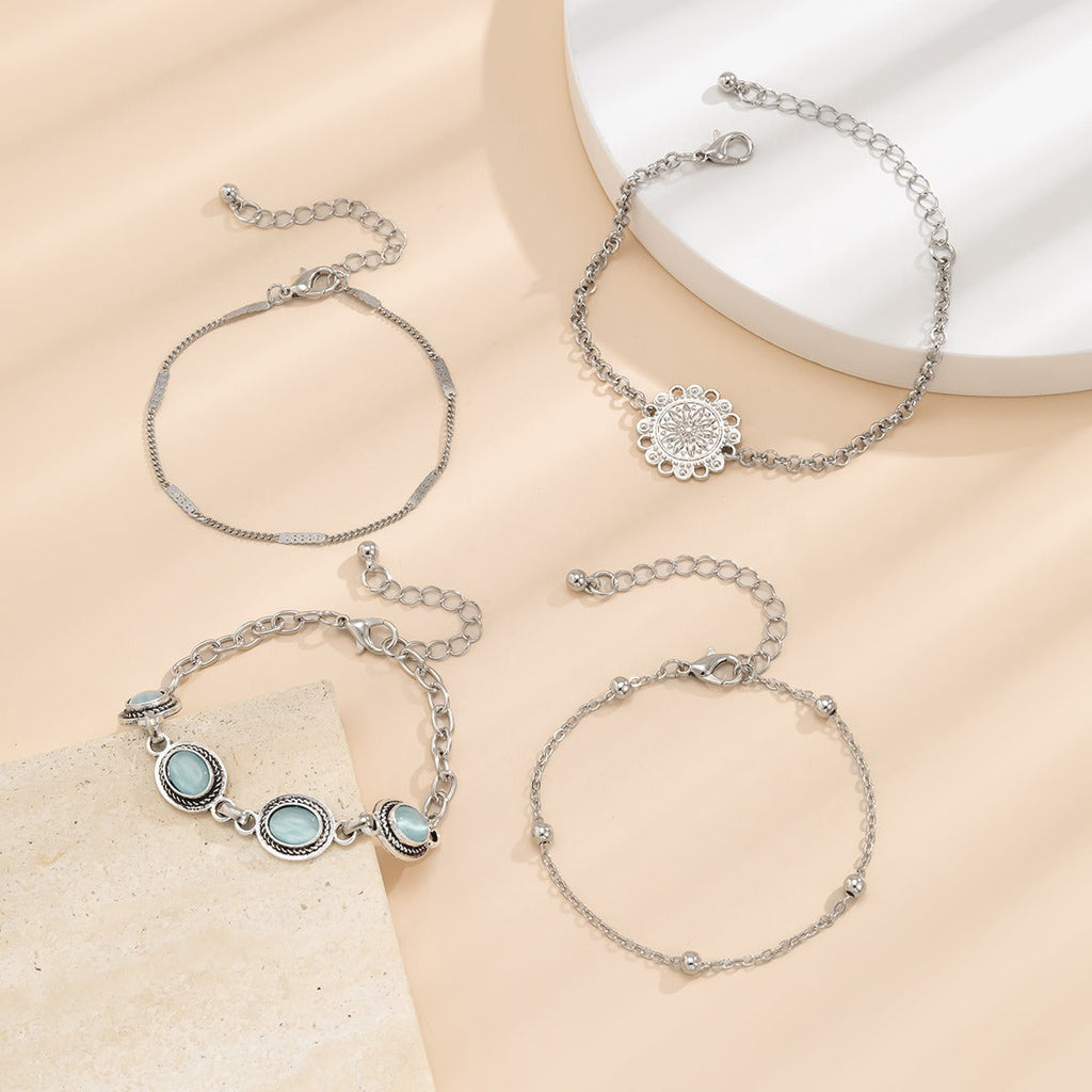 Ethnic style flower disc cat's eye gold retro bracelet