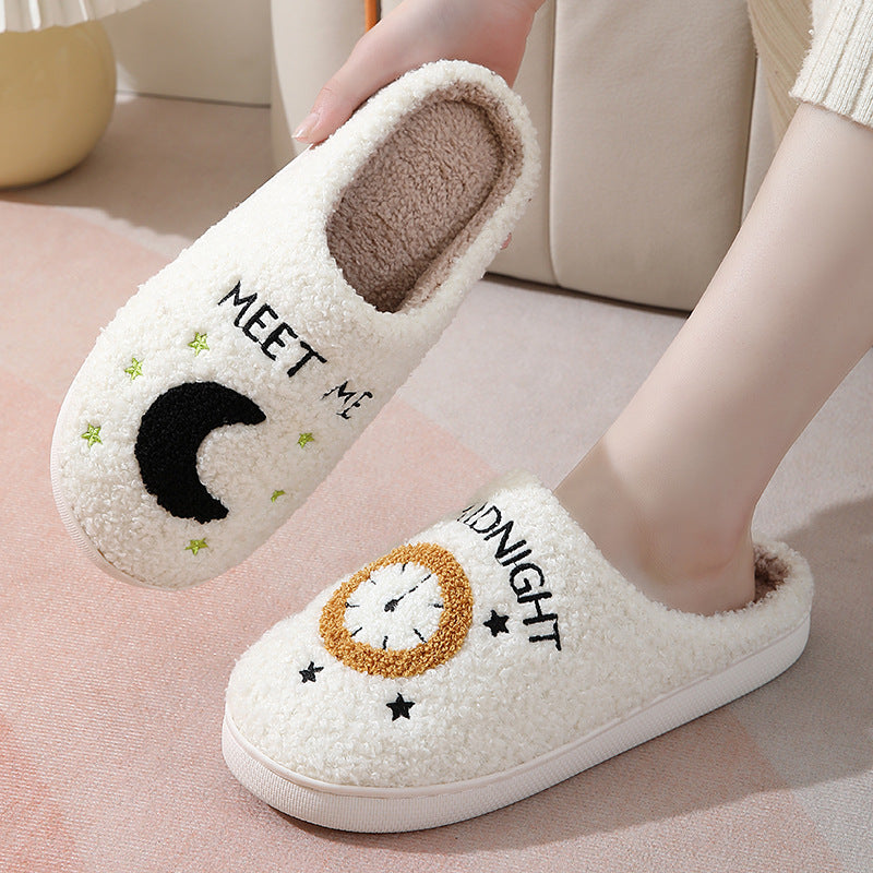 Women's Moon & Clock Print Plush Slippers | Warm Anti-Slip Floor Bedroom House Shoes