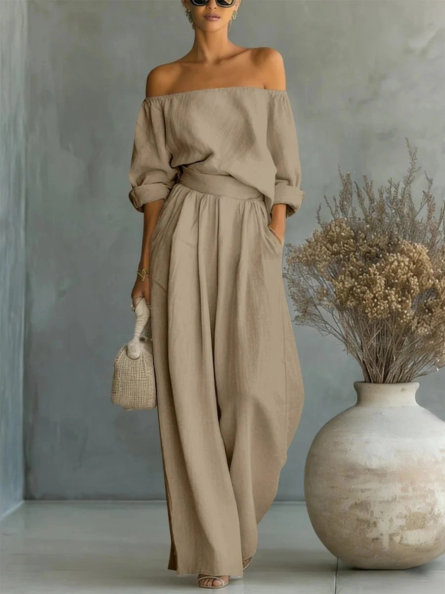 Casual Two-Piece Womens Outfit Off-Shoulder Top And Wide-Leg Pants Set (see size chart under more details)