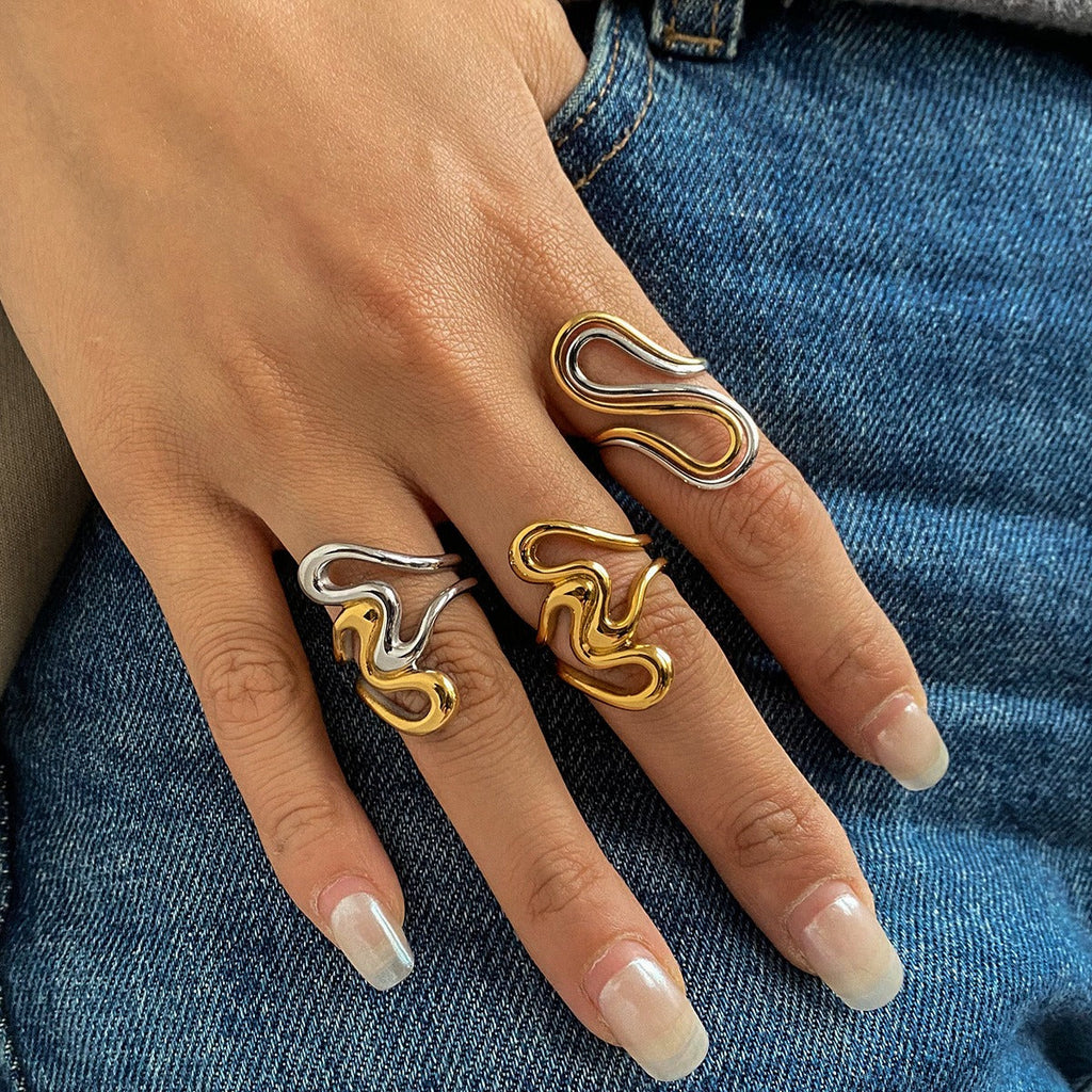 18K gold irregular lines with gold and silver color matching design unique personality ring