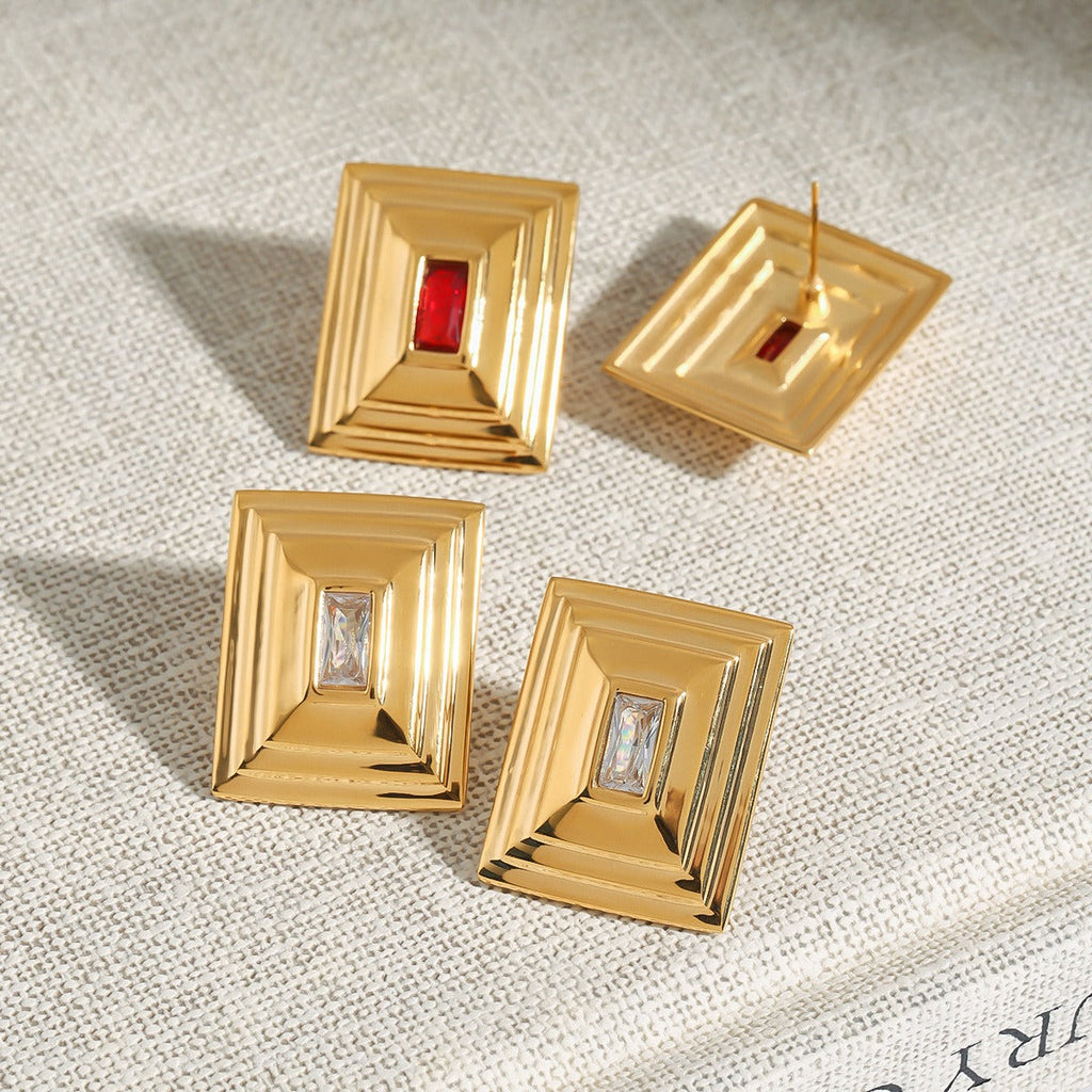 18k gold rectangular inlaid gemstone with concave pattern design exquisite and noble earrings
