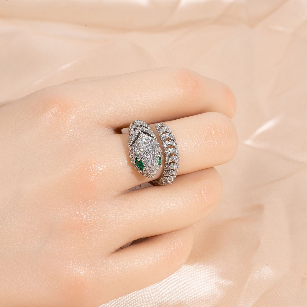 Snake-Shaped Adjustable Open Ring with Zircon Inlay
