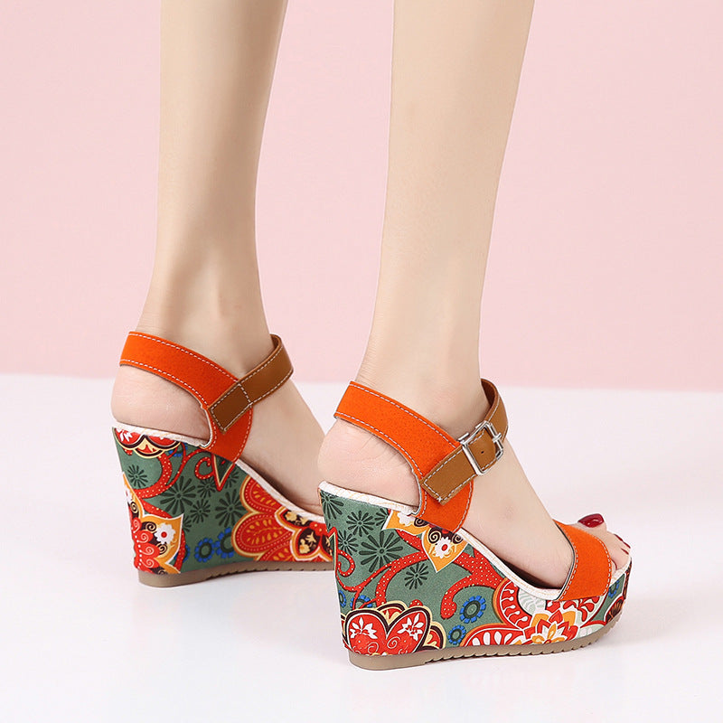 Women's Floral Embroidered Wedge Sandals | Buckle Platform Open-Toe Summer Heels