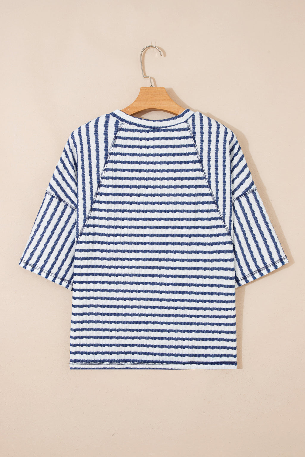 Blue Stripe Textured Knit Split Hem Half Sleeve Loose Top