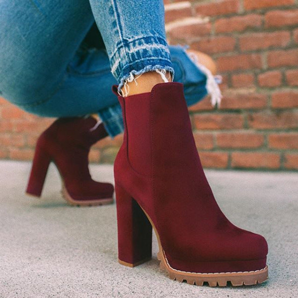 Women's Round-Toe Ankle Boots | Suede Leopard Print Square Thick High Heel