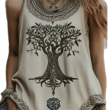 Women's Digital Print Pleated Crew-Neck Tank Top – Plus Size