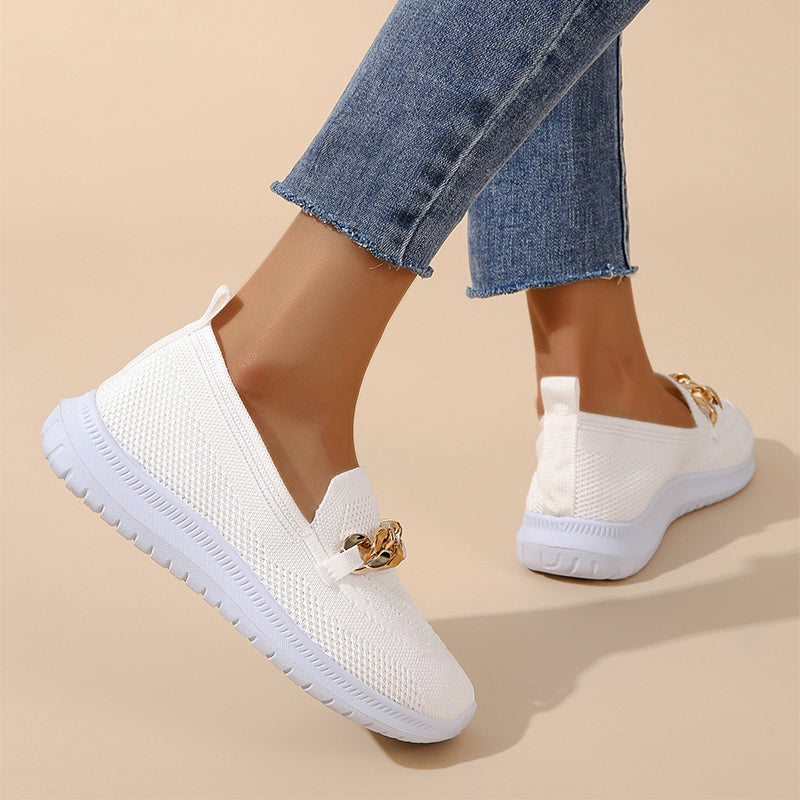 Women's Flyknit Chain-Detail Flat Sneakers | Breathable Mesh Walking Shoes