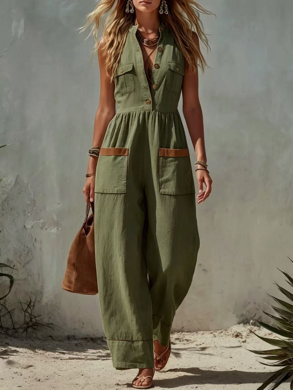 Women's Sleeveless Wide-Leg Jumpsuit – Loose Fit, V-Neck, Cotton Linen