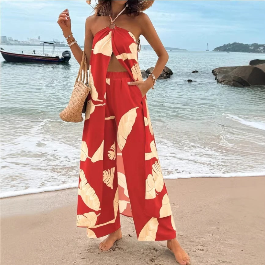 Printed Halterneck Slit Top & Wide-Leg Pants Resort Set | 13 Prints