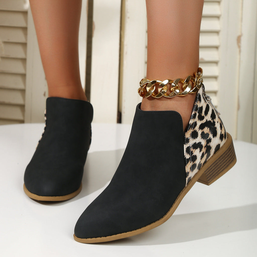 Women's Leopard Print Chunky Heel Boots | Pointed Toe Back Zipper Suede