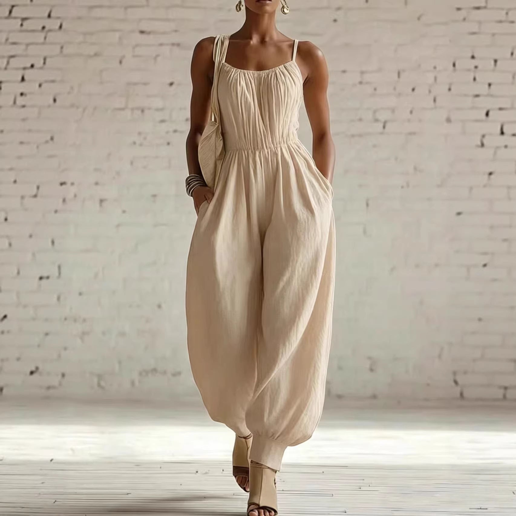Women's Sleeveless Wide-Leg Jumpsuit – Knit, Low Waist, Flare Pants