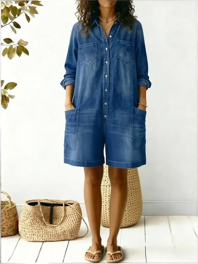 Women's Faux Denim Print Jumpsuit Shorts – Loose Fit, 3D Print, Elastic Waist