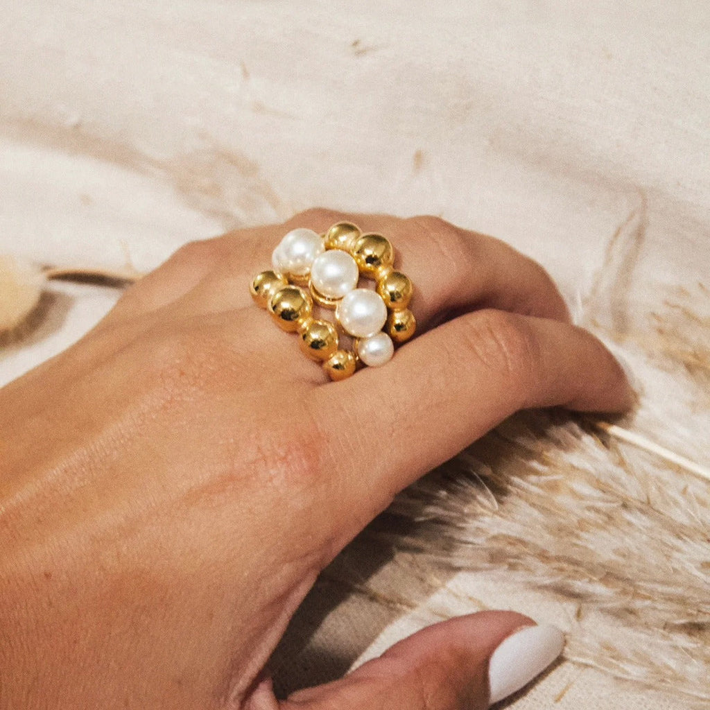 18K gold multi-layer round beads with pearl design exquisite high-end ring