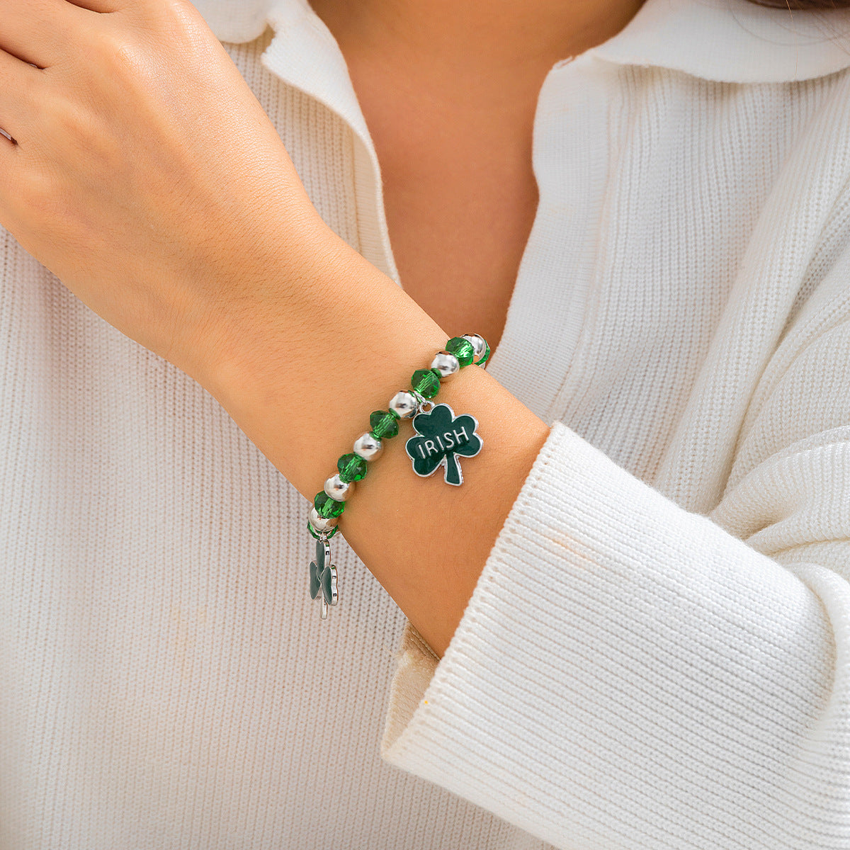 Leafy Clover Letter Bracelet Simple Green Beaded Bracelet