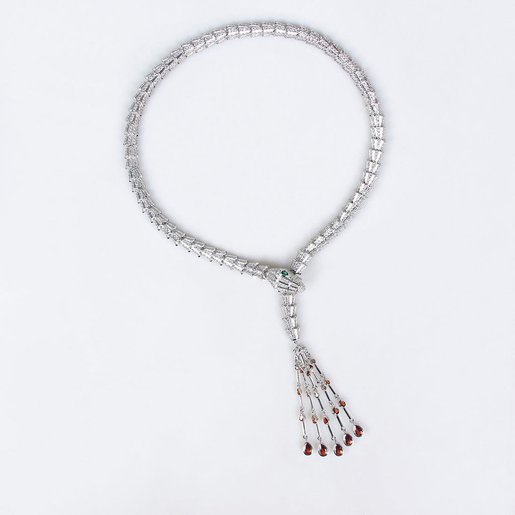Serpentine Teardrop Tassel Zircon Earrings & Necklace Set