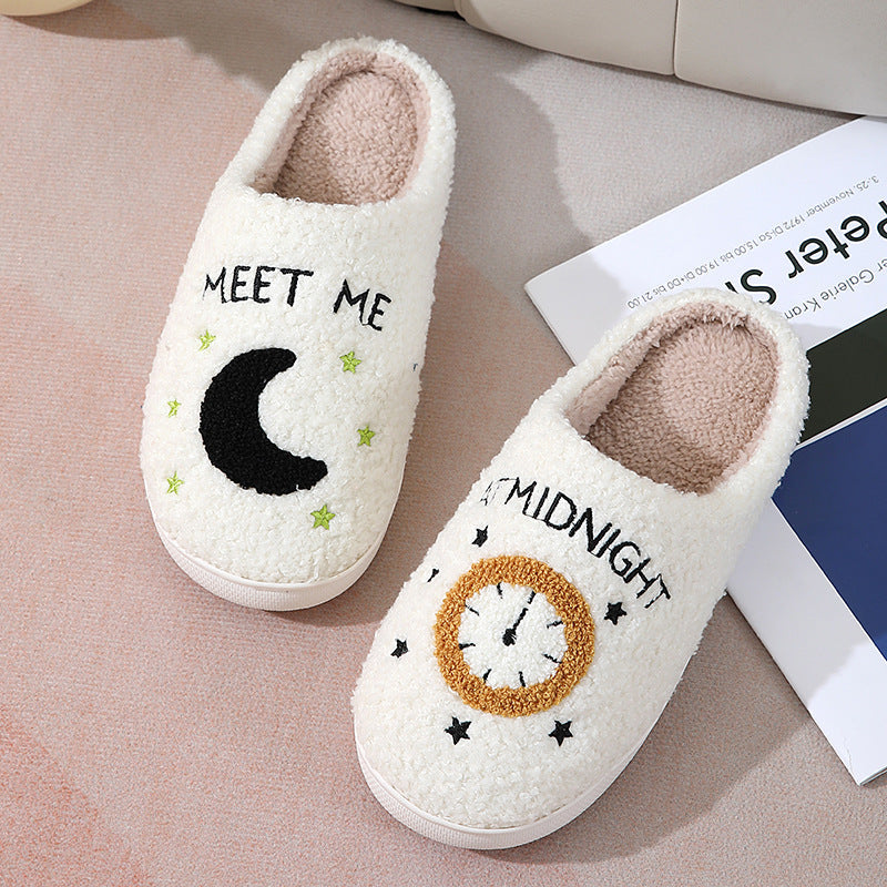 Women's Moon & Clock Print Plush Slippers | Warm Anti-Slip Floor Bedroom House Shoes