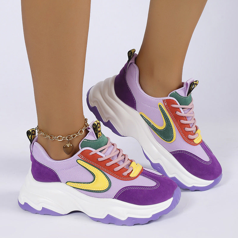 Women's Mixed-Color Lace-Up Sneakers | Mesh Breathable Lightweight Platform Running Shoes