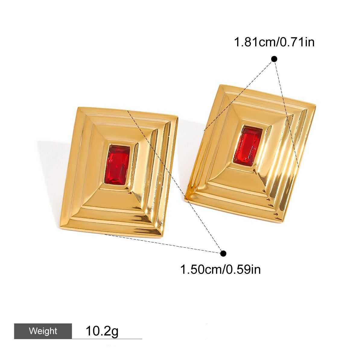 18k gold rectangular inlaid gemstone with concave pattern design exquisite and noble earrings