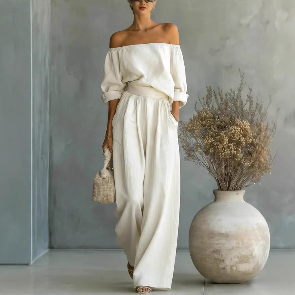 Casual Two-Piece Womens Outfit Off-Shoulder Top And Wide-Leg Pants Set (see size chart under more details)
