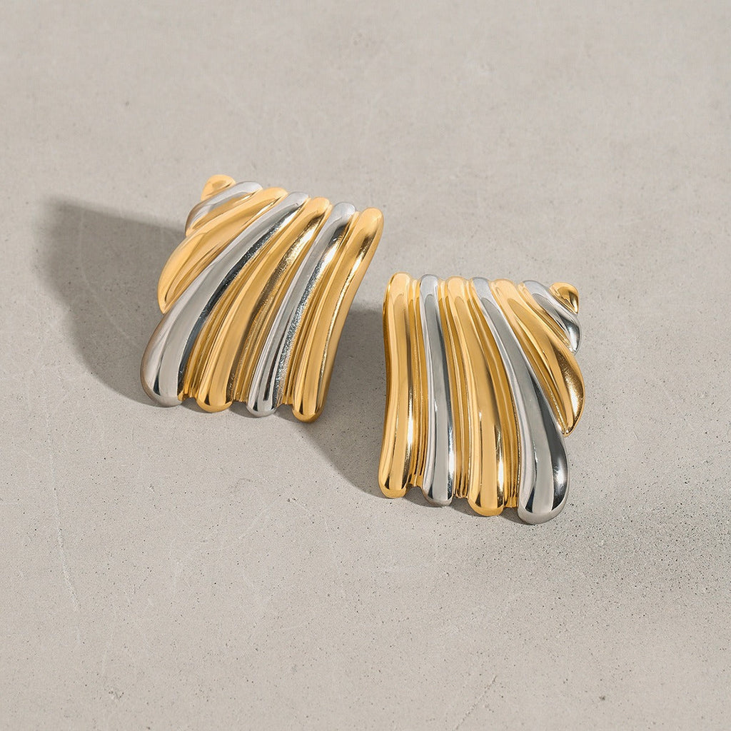 18K gold geometric shape with gold and silver color matching design classic personality earrings
