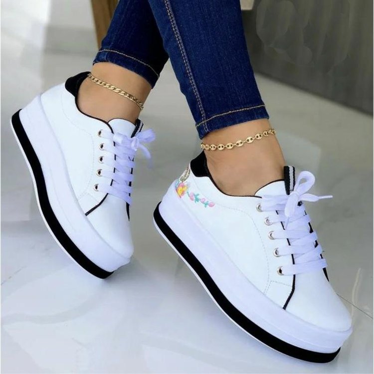 Women's Embroidery Platform Sneakers | Floral PU Lace-Up Chunky Sole Shoes