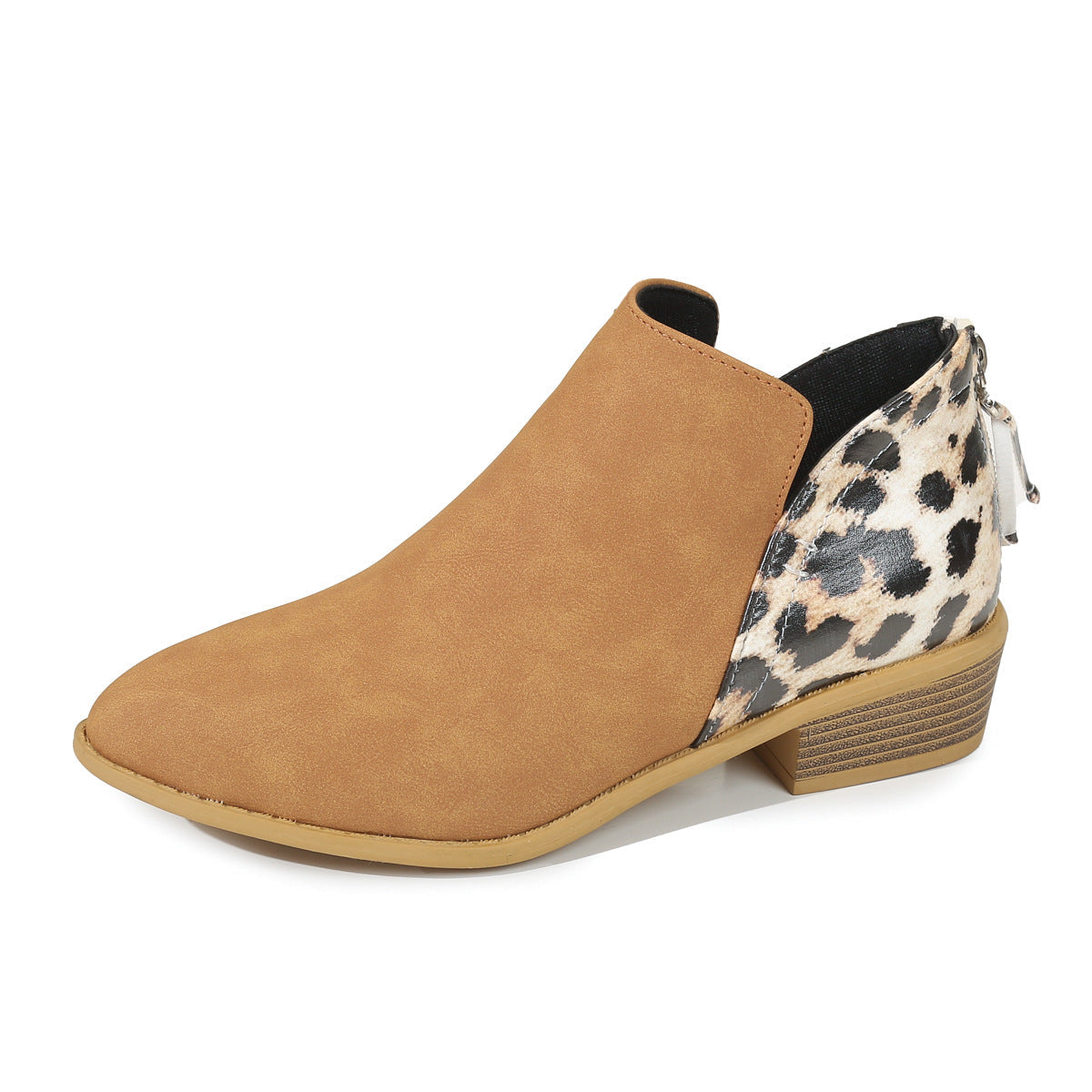Women's Leopard Print Chunky Heel Boots | Pointed Toe Back Zipper Suede
