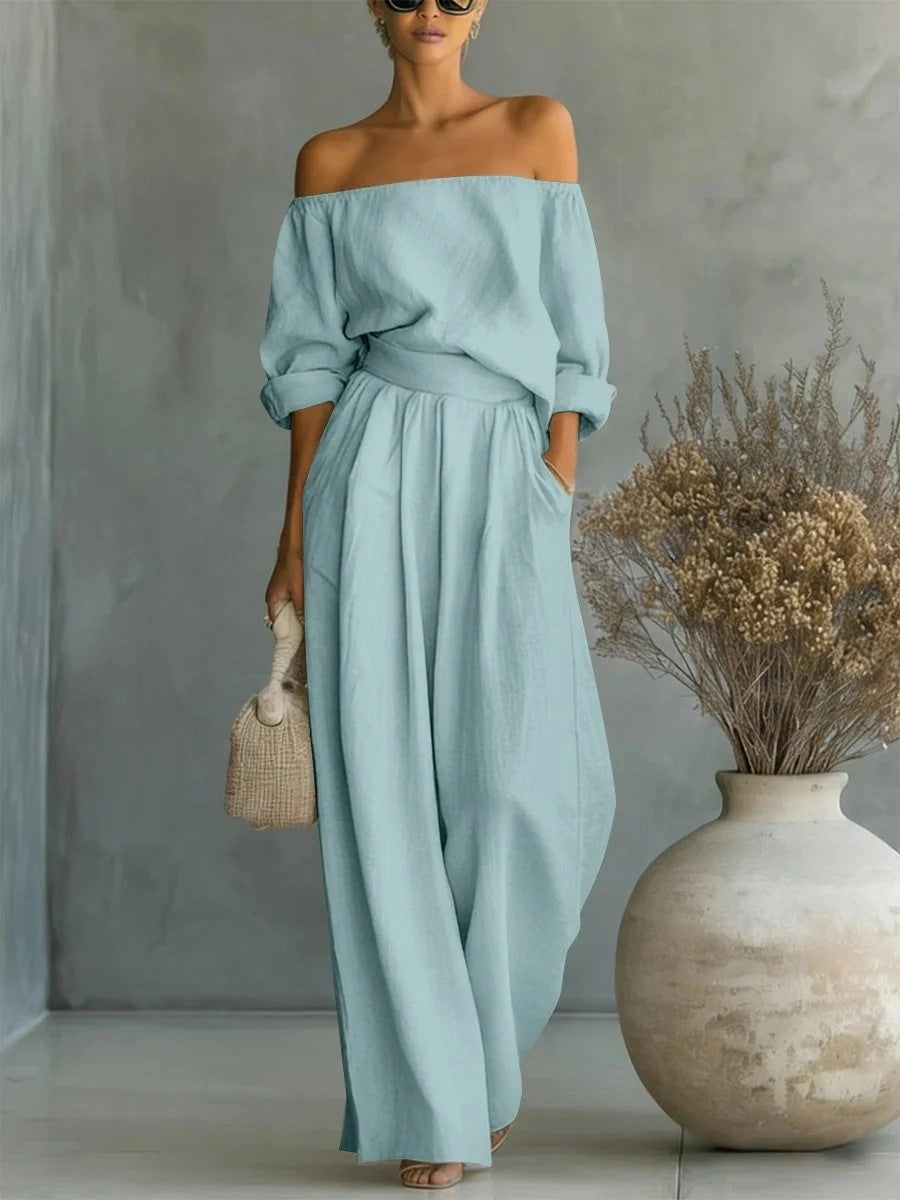 Casual Two-Piece Womens Outfit Off-Shoulder Top And Wide-Leg Pants Set (see size chart under more details)
