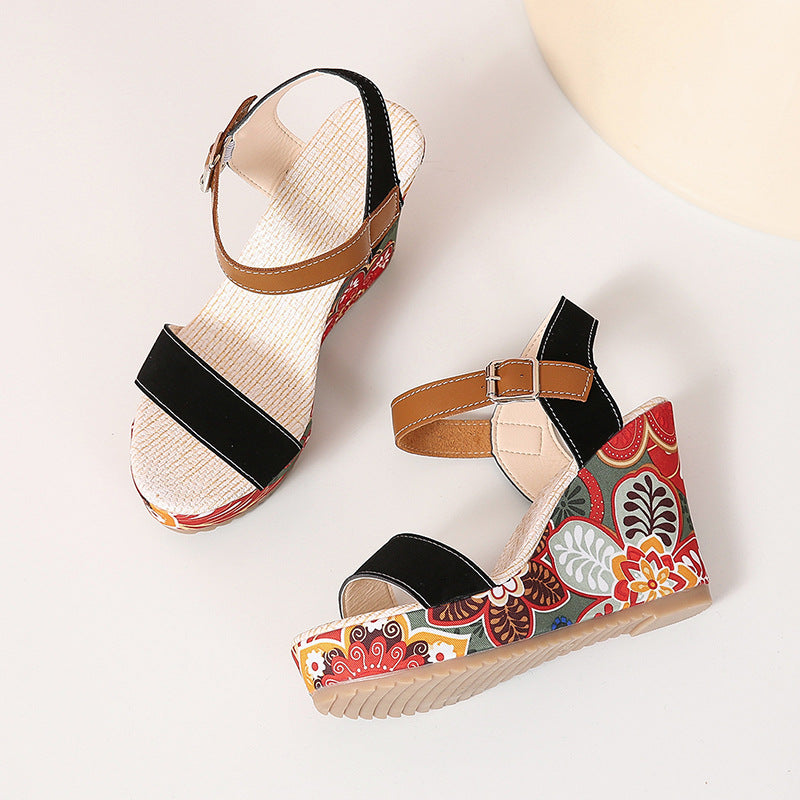 Women's Floral Embroidered Wedge Sandals | Buckle Platform Open-Toe Summer Heels