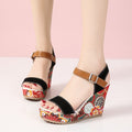 Women's Floral Embroidered Wedge Sandals | Buckle Platform Open-Toe Summer Heels