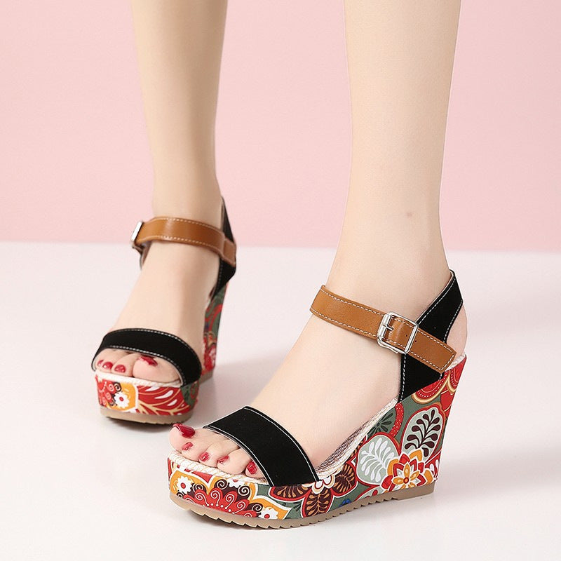 Women's Floral Embroidered Wedge Sandals | Buckle Platform Open-Toe Summer Heels