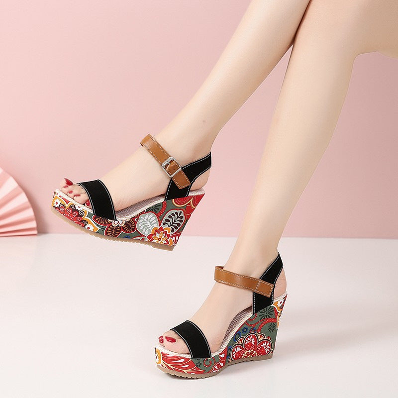 Women's Floral Embroidered Wedge Sandals | Buckle Platform Open-Toe Summer Heels