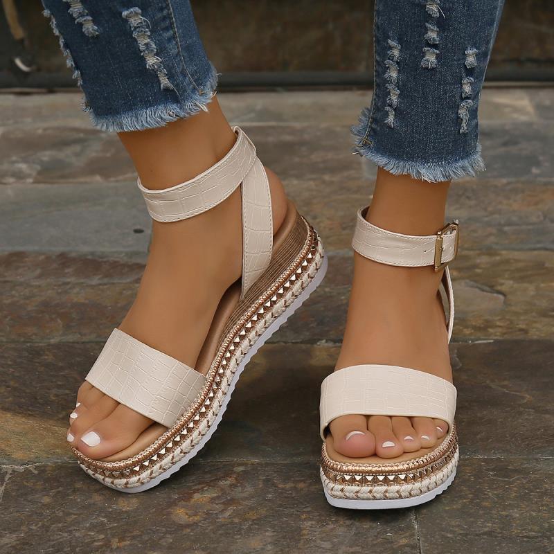Women's Buckle Strap Hemp Wedge Platform Sandals | Open-Toe Summer Peep-Toe Shoes