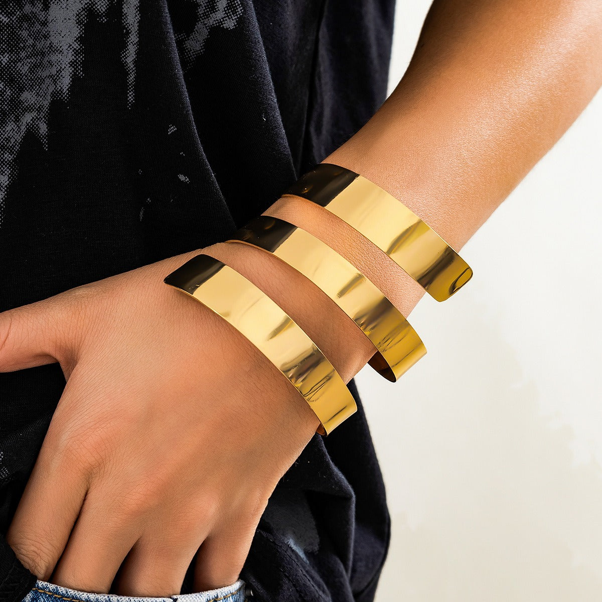 18k gold vintage bracelet wide-edge geometric punk style open bracelet