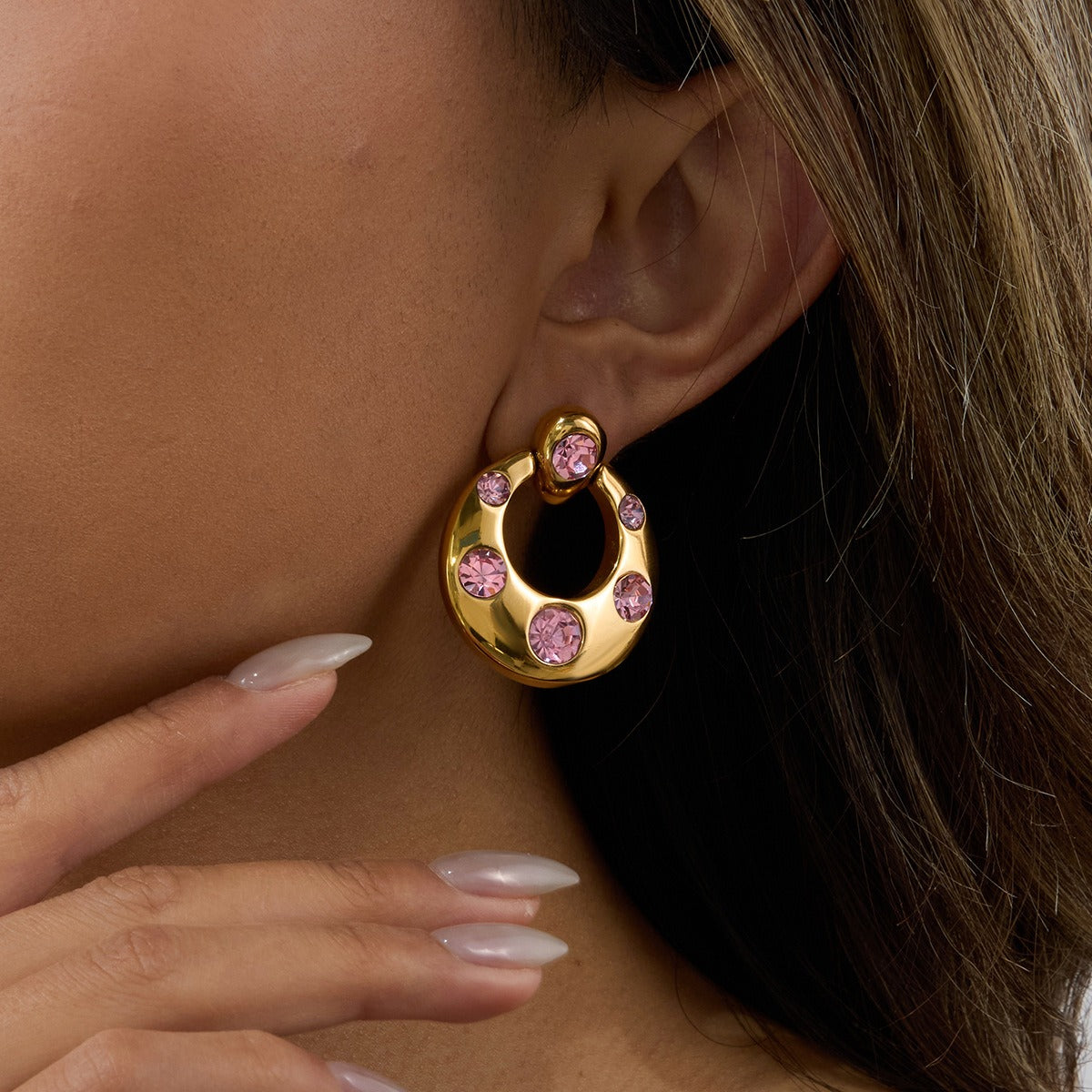 18K gold U-shaped inlaid gemstone design classic simple earrings