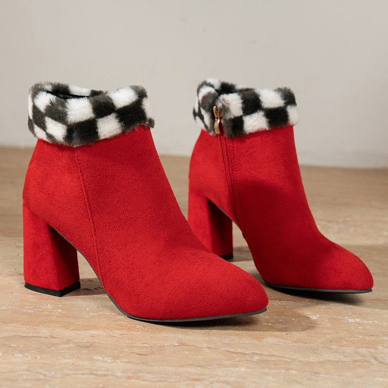 Women's Plaid Suede Ankle Boots | Square Heel Side Zipper Winter Boots