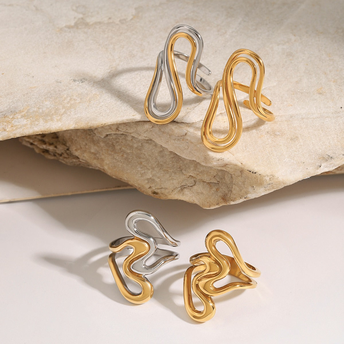 18K gold irregular lines with gold and silver color matching design unique personality ring