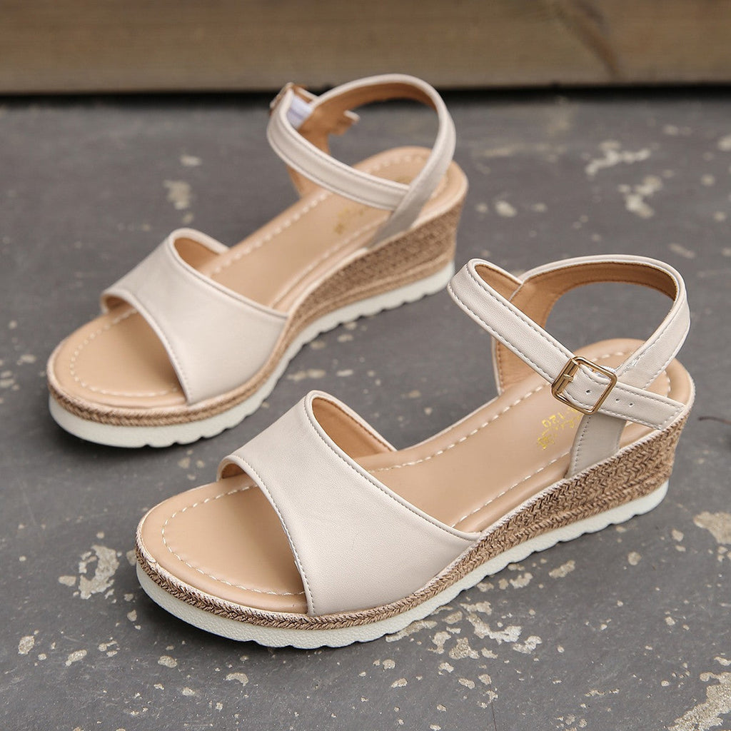 Women's Ankle Buckle Wedge Sandals | PU Fish-Mouth Platform Shoes
