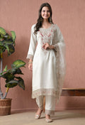 Women's White Embroidered Kurta, Pant & Dupatta Set