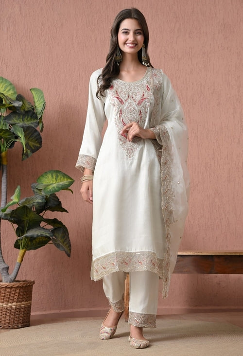 Women's White Embroidered Kurta, Pant & Dupatta Set