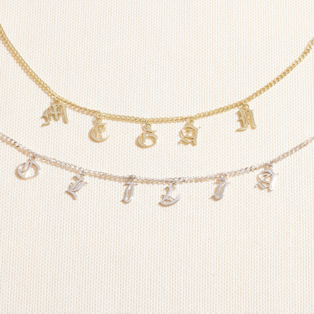 Personalized Name Necklace - Dangle Gothic Old English Design