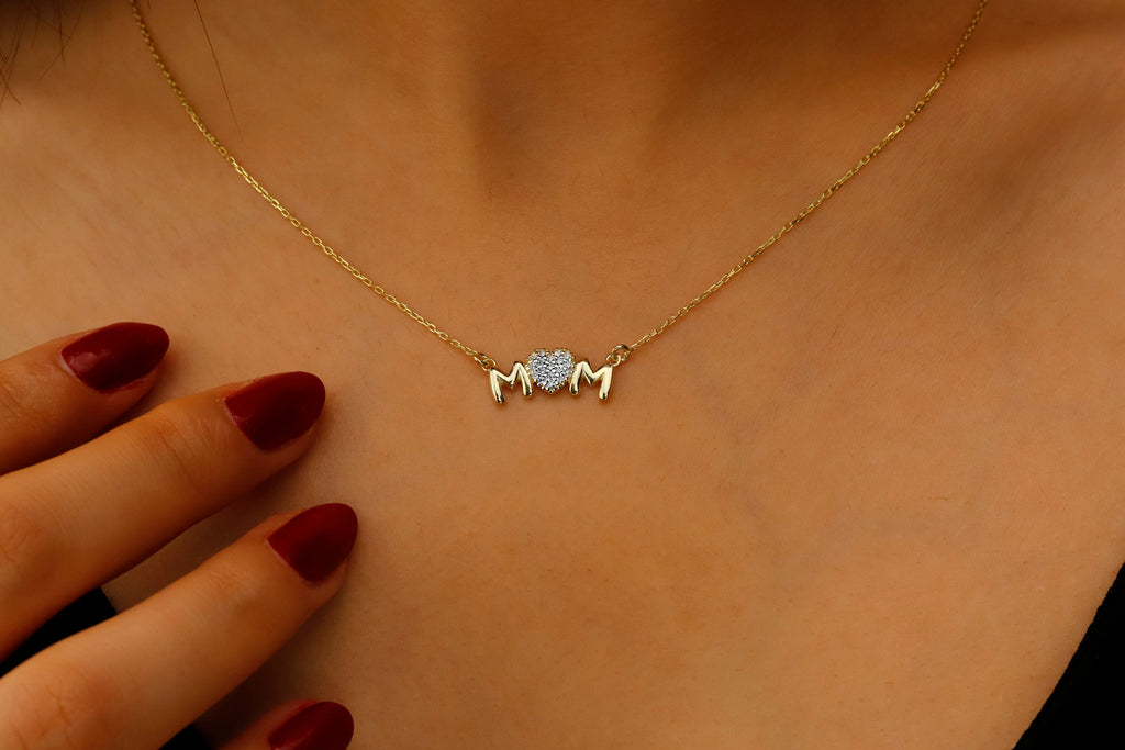 Sterling Silver Mom Necklace with Sparkling Diamond Heart