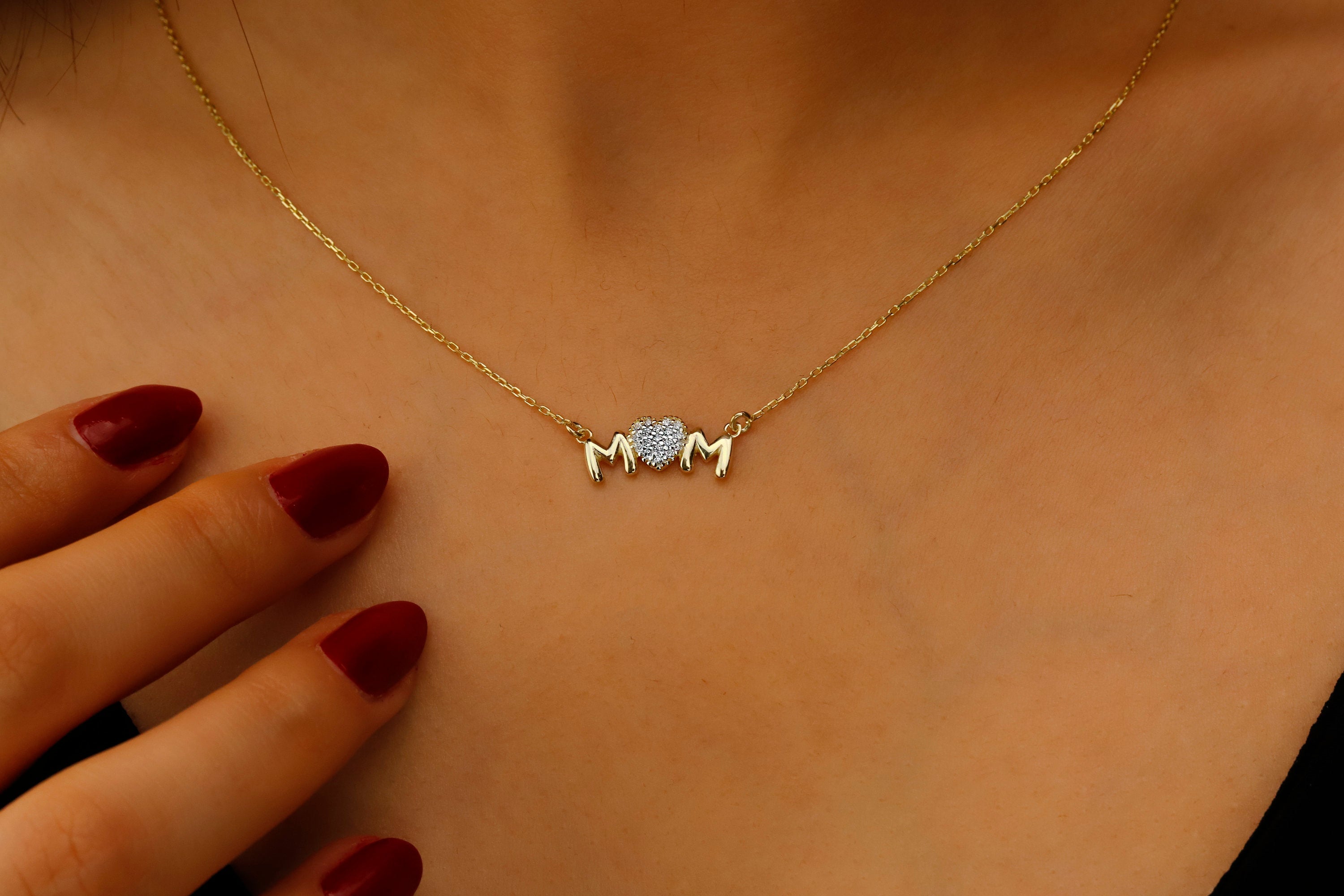 Sterling Silver Mom Necklace with Sparkling Diamond Heart