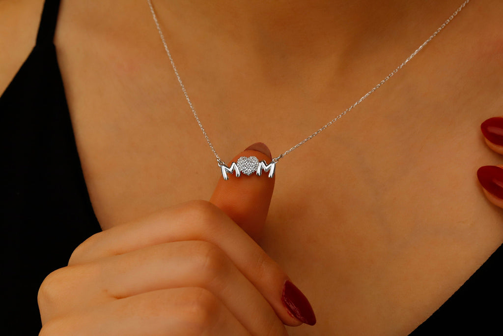 Sterling Silver Mom Necklace with Sparkling Diamond Heart