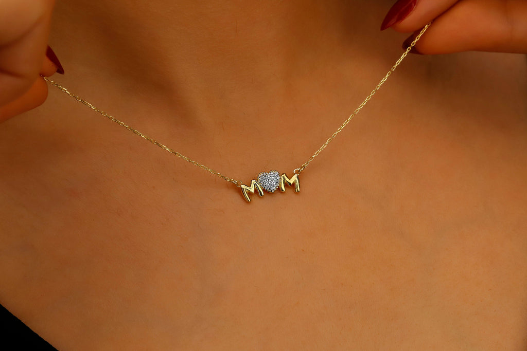 Sterling Silver Mom Necklace with Sparkling Diamond Heart