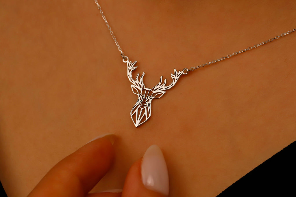 Sterling Silver Deer Origami Necklace - Chic Geometric Pendant for Nature Lovers