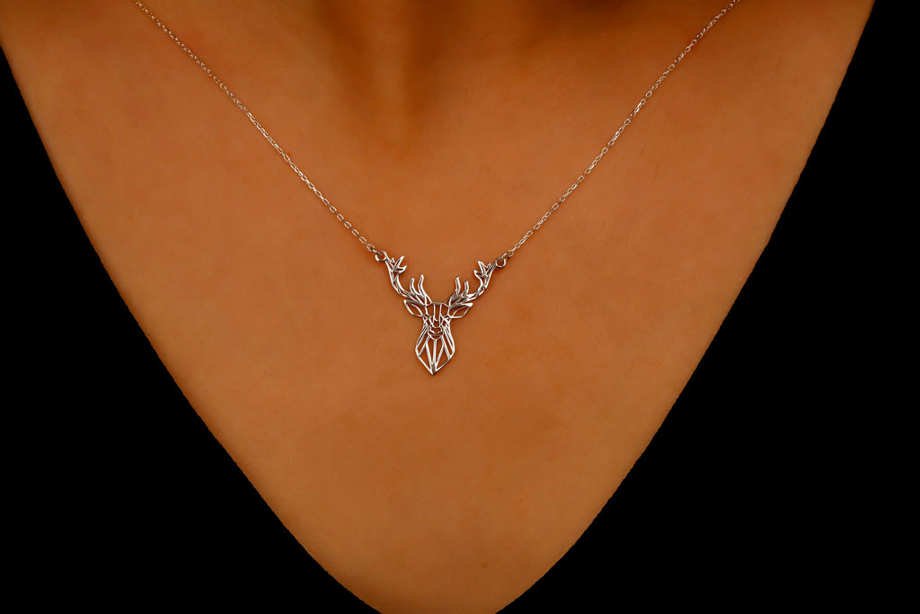 Sterling Silver Deer Origami Necklace - Chic Geometric Pendant for Nature Lovers
