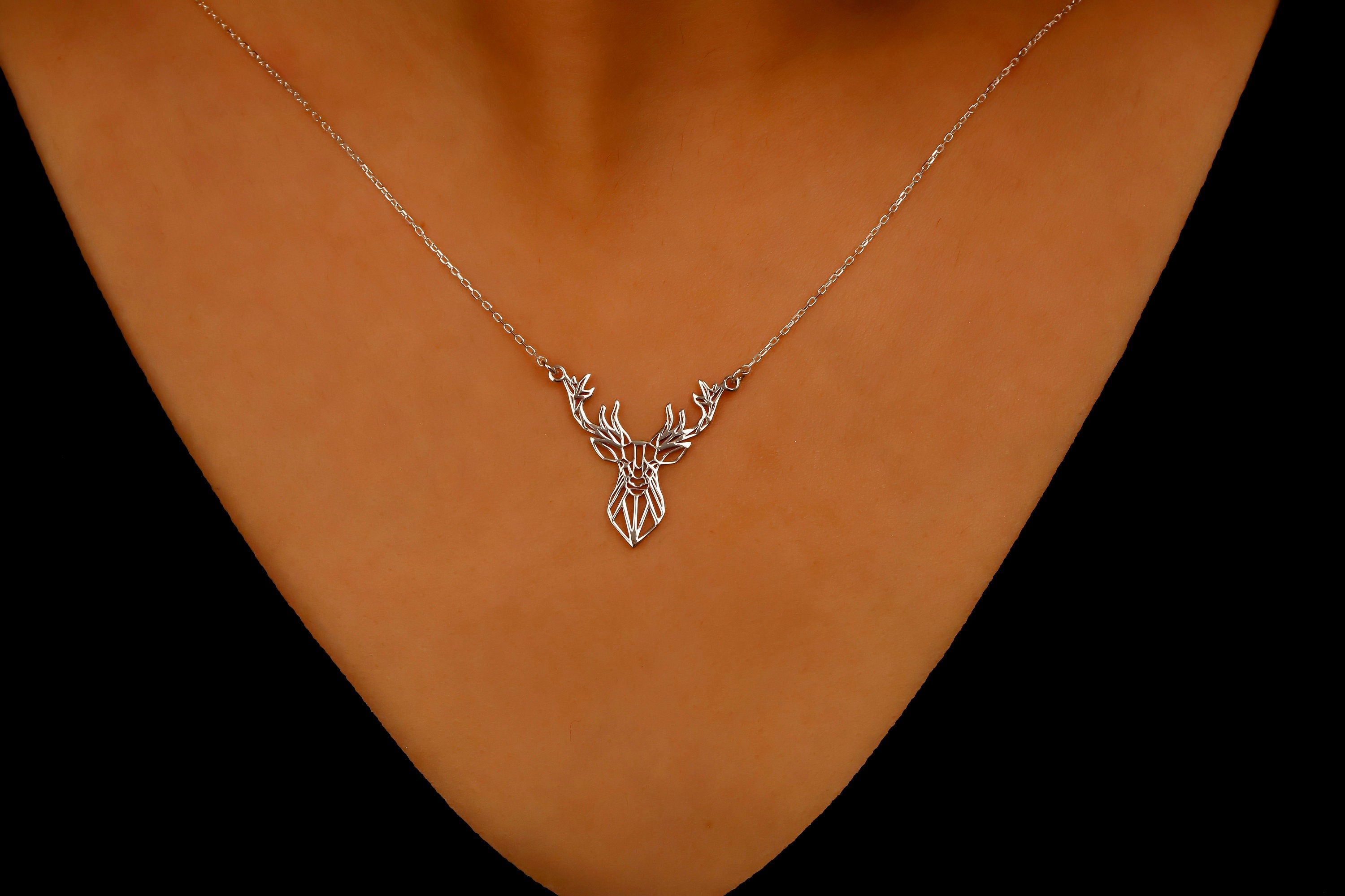 Sterling Silver Deer Origami Necklace - Chic Geometric Pendant for Nature Lovers