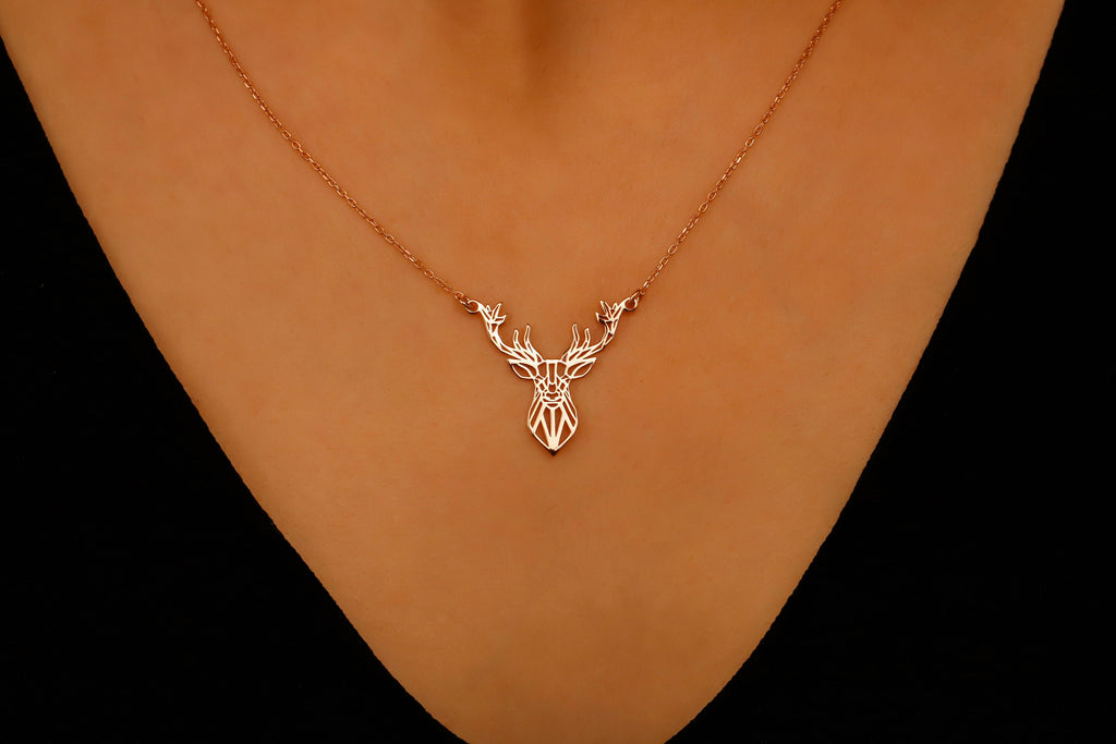 Sterling Silver Deer Origami Necklace - Chic Geometric Pendant for Nature Lovers